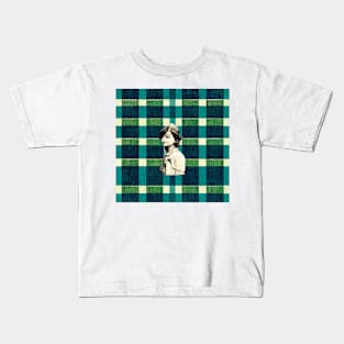 Peaceful young girl profile on a plaid background. Kids T-Shirt